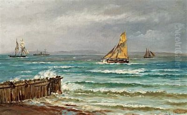 Seascape With Boats On A Windy Day Oil Painting by Holger Henrik Herholdt Drachmann