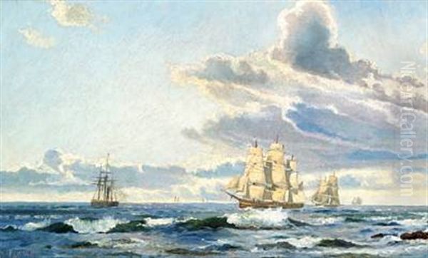 Seascape With Sailing Wessels Oil Painting by Holger Henrik Herholdt Drachmann