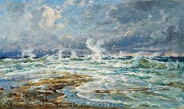 Fra Skagen, Hvor Skagerak Og Kattegat Modes Pa Grenen Oil Painting by Holger Henrik Herholdt Drachmann