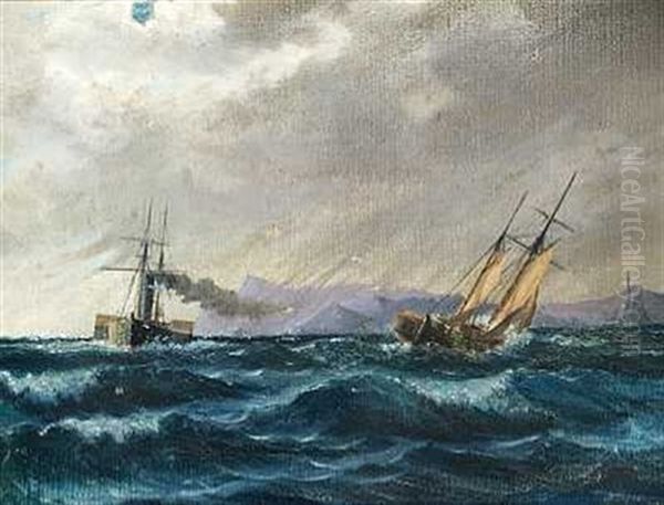 Skibe Pa Havet Ud For En Klippekyst I Uroligt Vejr Oil Painting by Holger Henrik Herholdt Drachmann