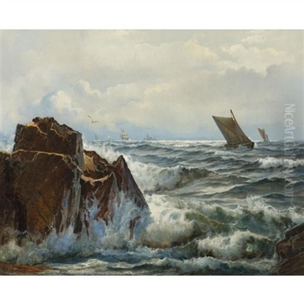 Ships Off The Coast Oil Painting by Holger Henrik Herholdt Drachmann