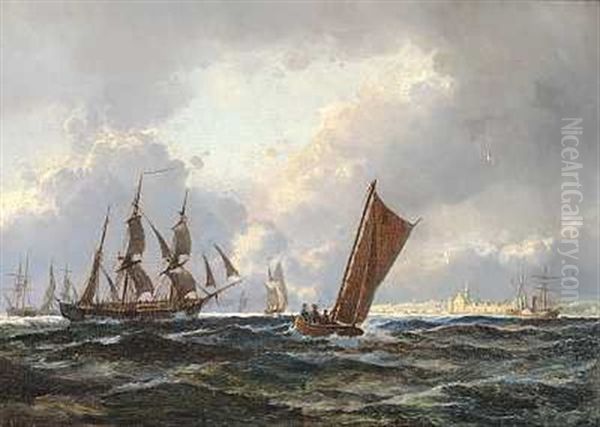 Sejlskibe Ud For Kronborg I Overskyet Vejr Oil Painting by Holger Henrik Herholdt Drachmann