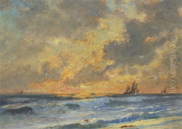 Skibe Pa Havet Ud For Skagens Kyst Ved Solnedgangstide Oil Painting by Holger Henrik Herholdt Drachmann