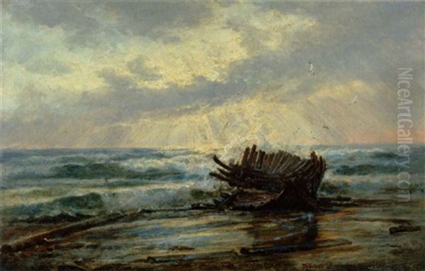 Skibsvrag I Strandkanten Oil Painting by Holger Henrik Herholdt Drachmann