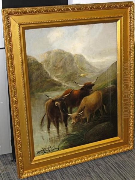 Cattle Watering In A Mountain Landscape Oil Painting by Edwin Armfield