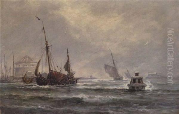 Sejlskibe I Indsejlingen Til Frederikshavn Havn, Hardt Vejr Oil Painting by Holger Henrik Herholdt Drachmann