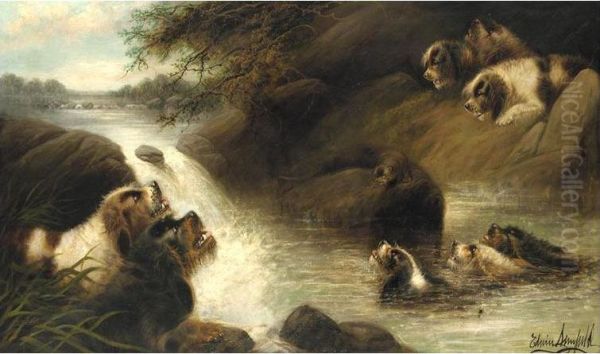 The Otter Hunt Oil Painting by Edwin Armfield