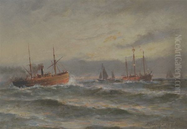 Marine Med Skibe Omkring Et Fyrskib Oil Painting by Holger Henrik Herholdt Drachmann