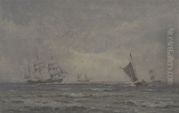 Sejlskibe Pa Havet, Solen Bryder Gennem Skydaekket Oil Painting by Holger Henrik Herholdt Drachmann