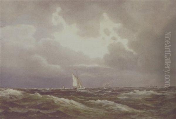 Marine Med Sejlskibe Oil Painting by Holger Henrik Herholdt Drachmann