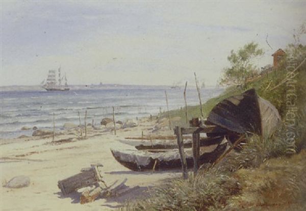 Kystparti Fra Hellebaek Med Bade Pa Stranden Og Sejlskibe I Sundet Oil Painting by Holger Henrik Herholdt Drachmann