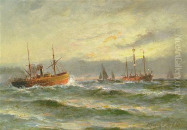 Marine Med Skibe Omkring Et Fyrskib Oil Painting by Holger Henrik Herholdt Drachmann