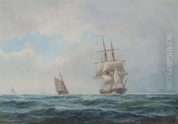 Marine Med Sejlskibe Pa Havet Oil Painting by Holger Henrik Herholdt Drachmann