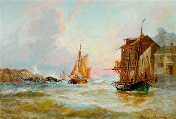 Marine Med Fiskerbade Ud For Klippekyst Oil Painting by Holger Henrik Herholdt Drachmann