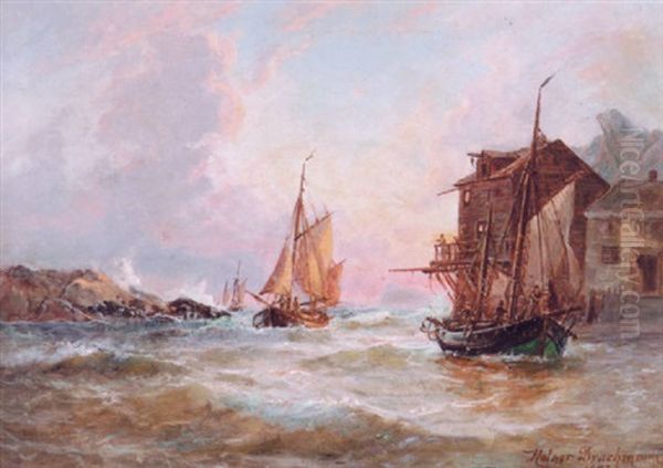 Marine Med Fiskerbade Ud For Klippekyst Oil Painting by Holger Henrik Herholdt Drachmann