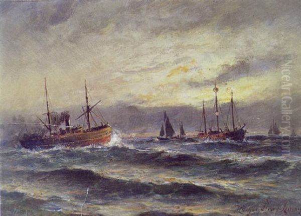 Marine Med Fyrskib Og Damper Oil Painting by Holger Henrik Herholdt Drachmann