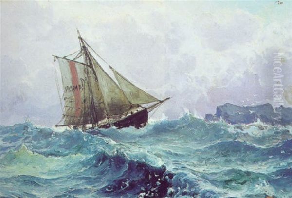 Fiskekutter I Hoj So Ud For Klippekyst Oil Painting by Holger Henrik Herholdt Drachmann