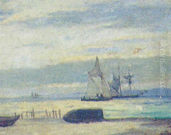 Marine Med Sejlskibe Og Optrukne Joller Pa Stranden Oil Painting by Holger Henrik Herholdt Drachmann