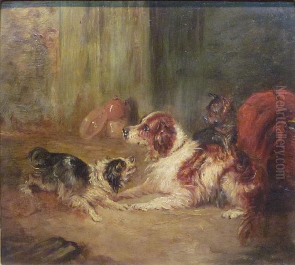 Spaniels And Terrier Play Fighting Oil Painting by George Armfield