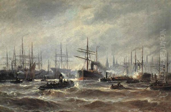 Parti Fra Hamborgs Havn Oil Painting by Holger Henrik Herholdt Drachmann