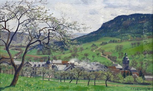 Sommerlandschaft Mit Blick Auf Ein Dorf Mit Gutshof Und Kirche (bei Heilbronn?) Oil Painting by Peter Paul Draewing