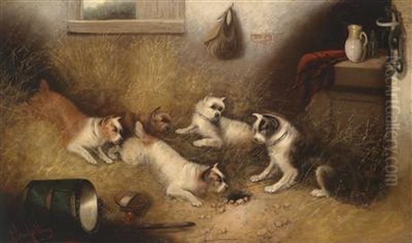 Dogs Guarding A Mousehole Oil Painting by George Armfield