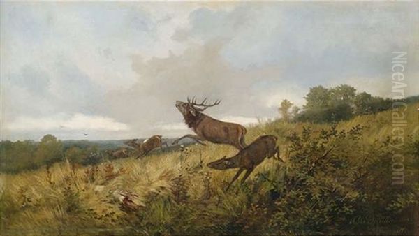 Rotwild In Herbstlicher Landschaft Oil Painting by Christoffer Johann Drathmann