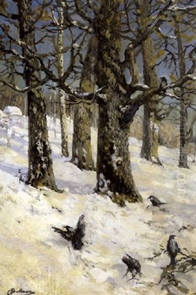 Birds On The Snow Oil Painting by Christoffer Johann Drathmann