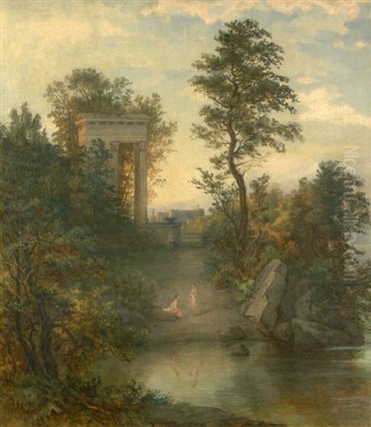 Romische Landschaft Mit Badenden Frauen Oil Painting by Heinrich (Franz-Dreber) Dreber