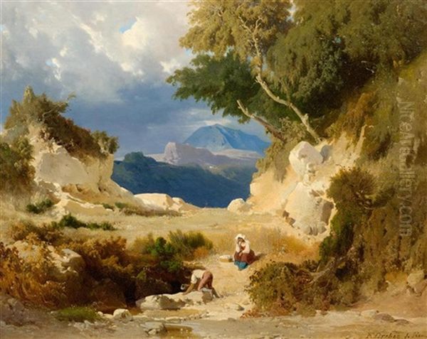 Flusslandschaft Mit Figuren Oil Painting by Heinrich (Franz-Dreber) Dreber