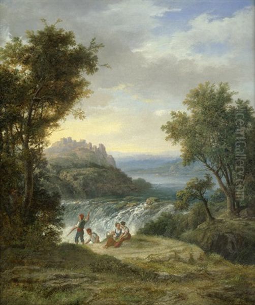 Italienische Landschaft Mit Rastenden Bauern An Einem Wasserfall Oil Painting by Heinrich (Franz-Dreber) Dreber