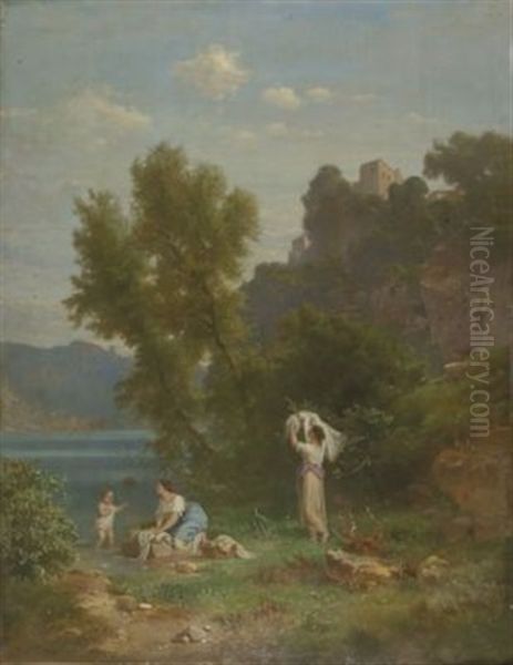 Wascherinnen Am Fluss Oil Painting by Heinrich (Franz-Dreber) Dreber