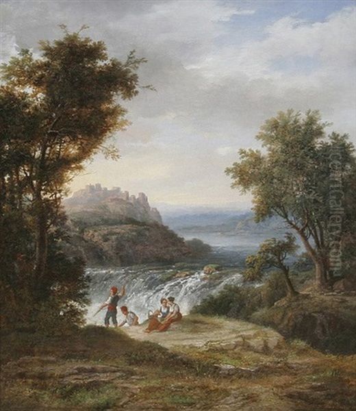 Italienische Landschaft Mit Rastenden Bauern An Einem Wasserfall, Im Hintergrund Eine Burg Auf Einer Anhohe Oil Painting by Heinrich (Franz-Dreber) Dreber