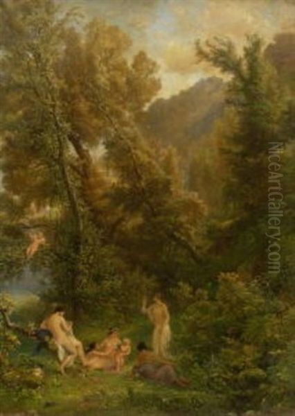 Deutsche Waldlandschaft Mit Jungling Und Quellnymphe Oil Painting by Heinrich (Franz-Dreber) Dreber