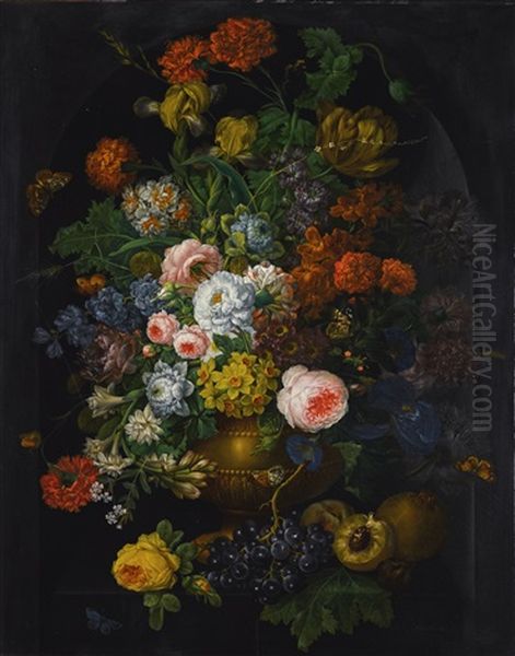 A Still Life Of Flowers In A Vase With Butterflies by Johann Baptist Drechsler