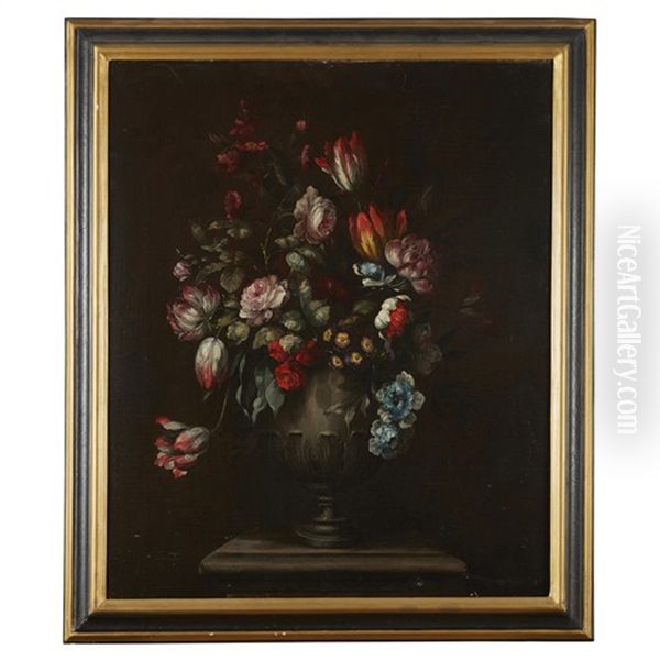 Still Life Of Tulips, Roses And Other Flowers In An Urn Oil Painting by Johann Baptist Drechsler