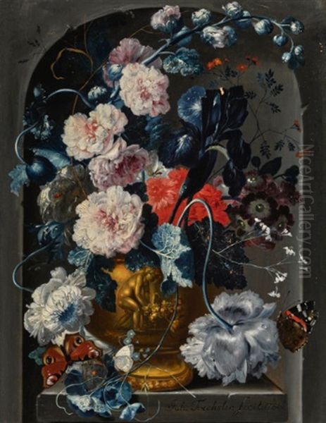 Still Life With Carnations, Roses, Hollyhocks And Other Flowers In A Sculpted Bronze Urn With Butterflies In An Alcove Oil Painting by Johann Baptist Drechsler