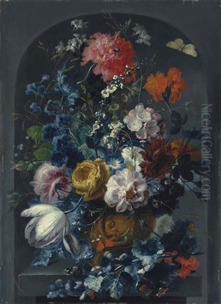 Carnations, Roses, Jasmine, A Tulip And Other Flowers In A Sculpted Bronze Urn, With Butterflies, Dragonflies, A Caterpillar, A Beetle And A Bee, On A Ledge In A Niche Oil Painting by Johann Baptist Drechsler