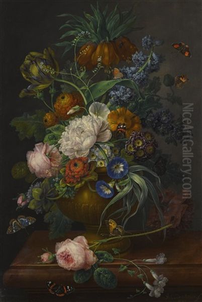 Still Life Of Flowers In An Urn In A Stone Niche Oil Painting by Johann Baptist Drechsler