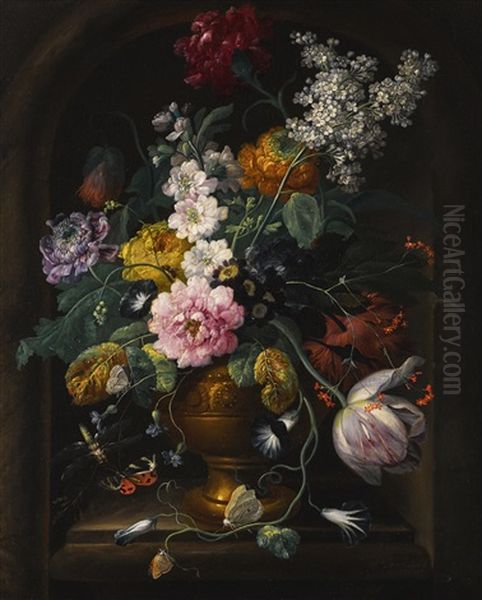 Still Life Of Flowers In An Urn On A Marble Ledge Oil Painting by Johann Baptist Drechsler