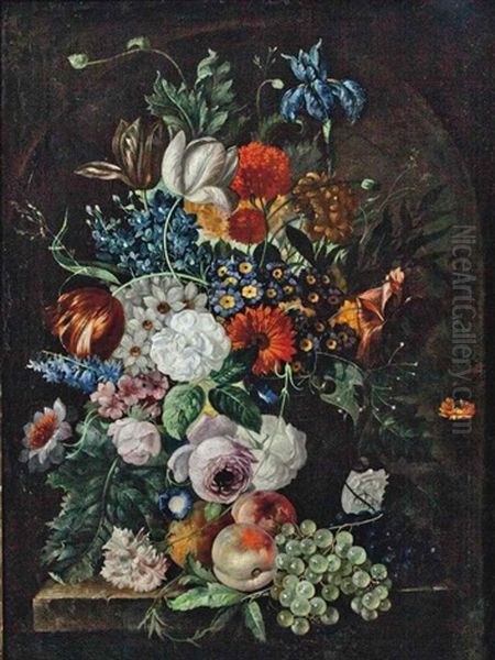 Roses And Other Flowers In A Stone Urn With Peaches And Grapes On A Stone Ledge, Set In A Niche by Johann Baptist Drechsler