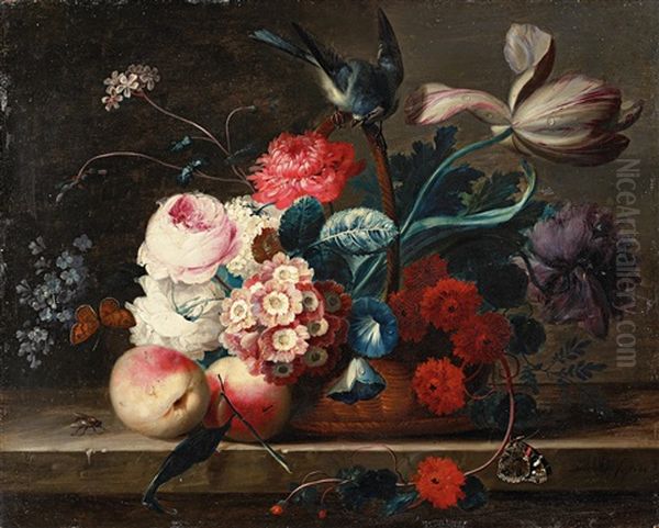 Still Life With Fruit, Flowers, Bird And Butterflies Oil Painting by Johann Baptist Drechsler