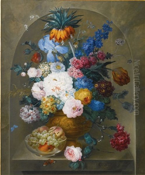 Still Life Of Flowers In A Vase With A Bowl Of Fruit by Johann Baptist Drechsler