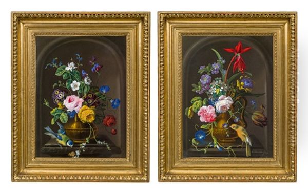 Pendants - Blumenstillleben Mit Schmetterling Und Blaumeise & Blumenstillleben Mit Schmetterling Und Fink (2 Works) Oil Painting by Johann Baptist Drechsler