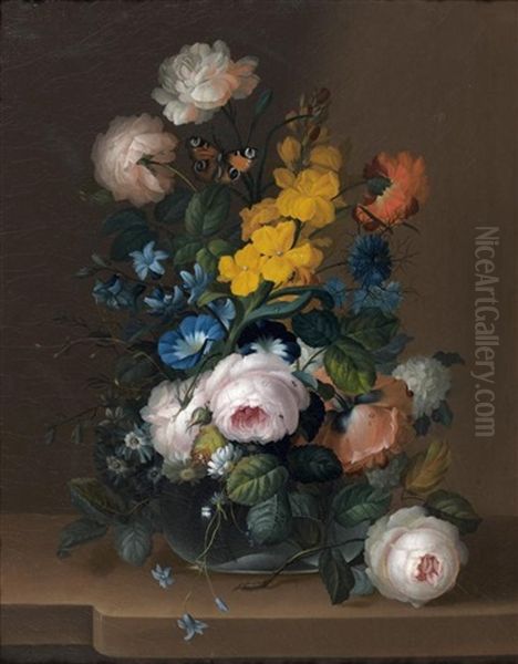 Bouquet De Fleurs Dans Un Vase Verre Sur Un Entablement Oil Painting by Johann Baptist Drechsler