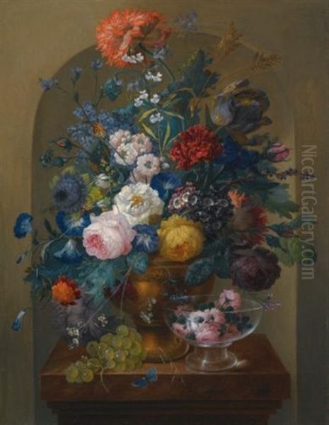 Still Life Of Flowers In An Urn Togther With Cut Roses In A Glass Vase Upon A Table In A Niche Oil Painting by Johann Baptist Drechsler