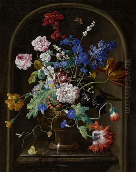 Blumenstilleben Mit Rosen, Ringelblumen, Mohnblumen, Auricula, Prunkwinde, Rittersporn, Aster Und Einer Tulpe In Einer Bronzeurne Auf Einer Steinplinthe Oil Painting by Johann Baptist Drechsler