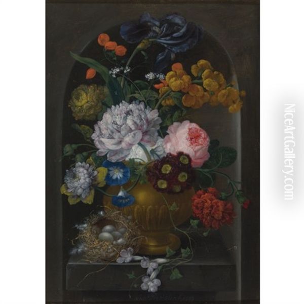 Still Life Of Peonies, A Rose, Primroses, An Iris And Other Flowers In A Vase With A Bird's Nest, Resting On A Stone Ledge Within A Niche Oil Painting by Johann Baptist Drechsler