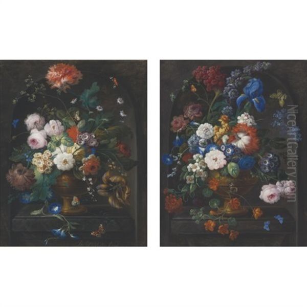 Still Life Of Roses, Peonies, A Tulip, A Poppy, Morning Glories And Other Flowers In An Urn Resting On A Stone Ledge Within A Niche (+ Still Life Of Roses, Peonies, Morning Glories, An Iris, A Cock's Comb And Other Flowers In An Urn Resting On A Stone Led by Johann Baptist Drechsler