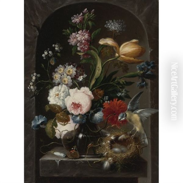 Still Life Of Roses, Morning Glories, Primroses, A Tulip And Other Flowers In A Glass Vase, With A Bird And Bird's Nest, All On A Stone Ledge Within A Niche Oil Painting by Johann Baptist Drechsler